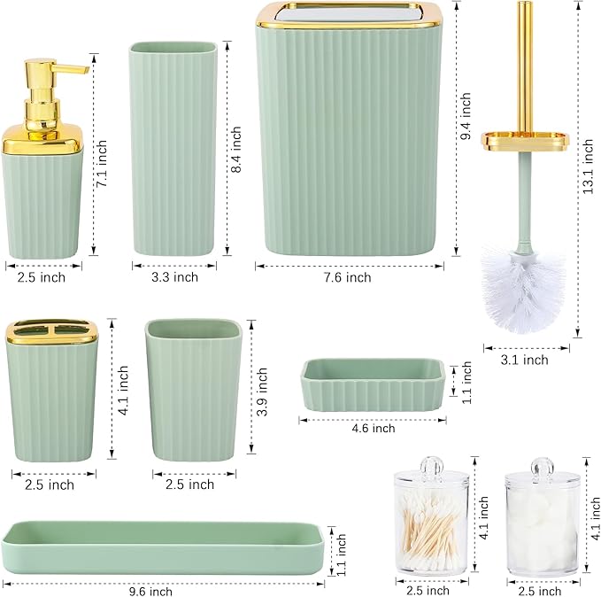 Bathroom Accessory Set,9 Pieces Light Green Bathroom Accessories Set with Trash Can, Toothbrush Holder, Soap Dispenser, Toothbrush Cup, Vanity Tray, Soap Dish, Toilet Brush, Qtip Holder