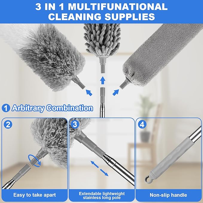 Dusters for Cleaning,Microfiber Duster Feather Duster with Extension Pole,4PCS Ceiling Fan Cleaner Duster,Long Duster Extended Handle,Blind Cleaner Dusting