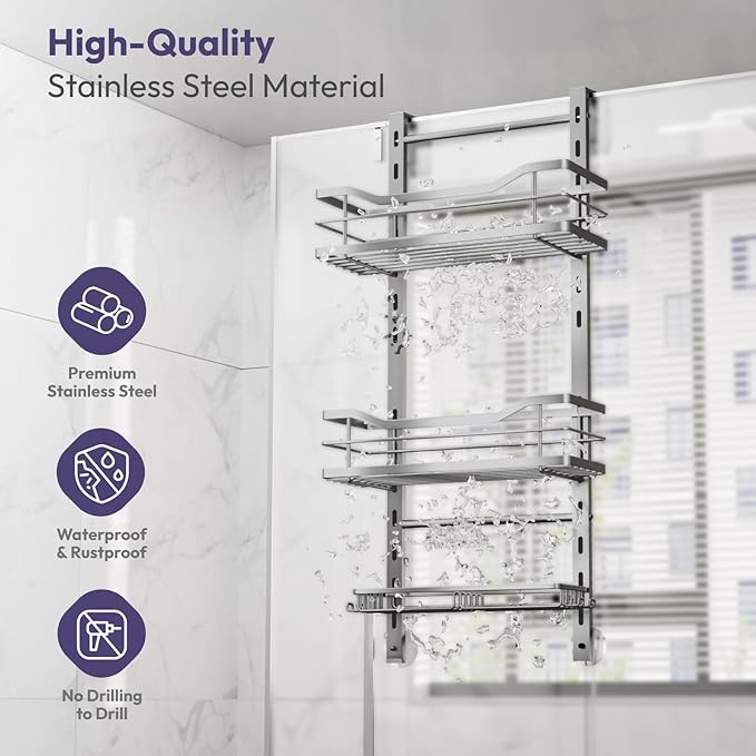 SWTYMIKI Over the Door Shower Caddy - 3 Tier Adjustable Shower Organizer Hanging with Soap Holder, No Drilling Stainless Steel Bathroom Rack Hanging for Body Wash, Shampoo, Soap, Razor, Silver