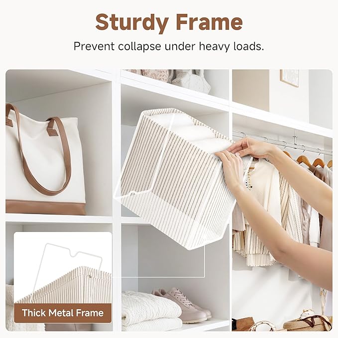 StorageWorks Narrow Storage Bins, Small Basket for Closet and Shelves, Rectangular Fabric Organizer with Handles, Toilet Paper Storage, Khaki and Beige Stripes, 2-Pack