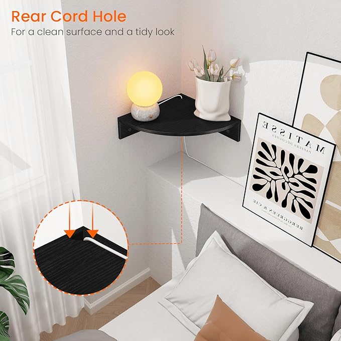 Homode Corner Floating Shelves, Set of 3 Corner Shelves Wall Mounted with Cable Hole, 3 Tier Wooden Hanging Corner Storage Shelf for Bedroom, Living Room, Kitchen, Black