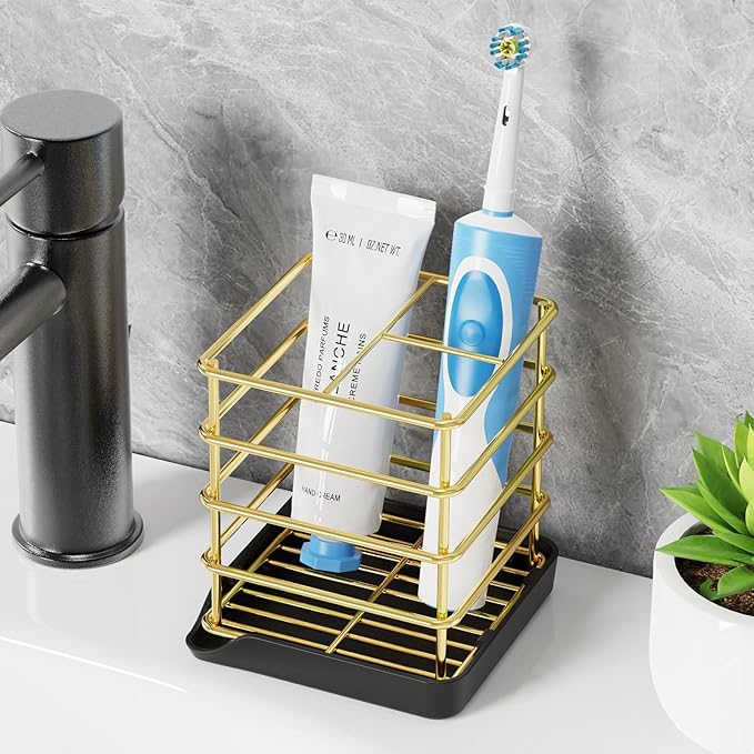 Toothbrush Holders for Bathrooms, Stainless Steel Toothbrush Holder Kids Electric 3 Slots Tooth Brushing Holder Stand and Toothpaste Holder for Bathroom Accessories Organizer with Tray, Gold