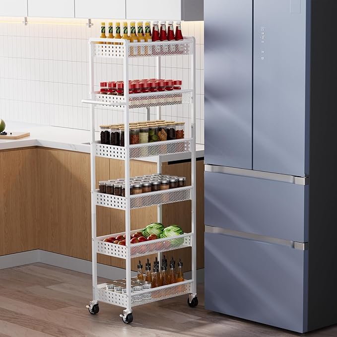 6 Tier Slim Storage Cart with Wheels, 10" D Rolling Storage Cart for Small Space, Metal Narrow Spice Cabinet Mobile Shelving Unit Organizer with Handle for Kitchen, Laundry - White
