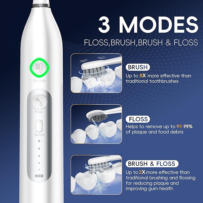 Electric Toothbrush with Water Flosser, All in One Sonic Flossing Toothbrush with 3 Modes & 5 Flossing Speeds & 4 Brush Heads, Rechargeable & Portable for Adult Teeth Cleaning,White