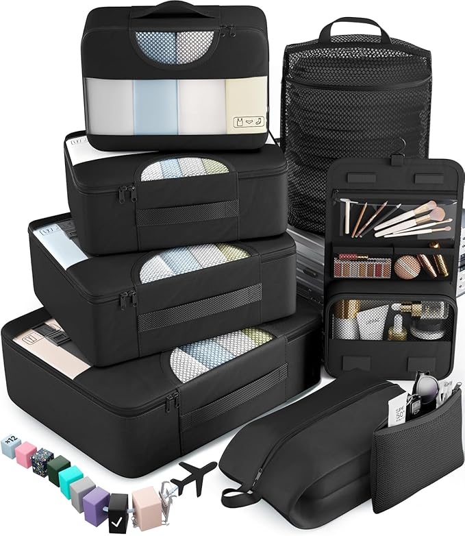 Veken 10 Set/8 Set Packing Cubes for Travel Essentials, Suitcase Organizer Bags in 4 Sizes, Carry-On Luggage Accessories with Laundry & Toiletry Bag, Airplane Must-Have, Road Trip & Camp Gifts for Men
