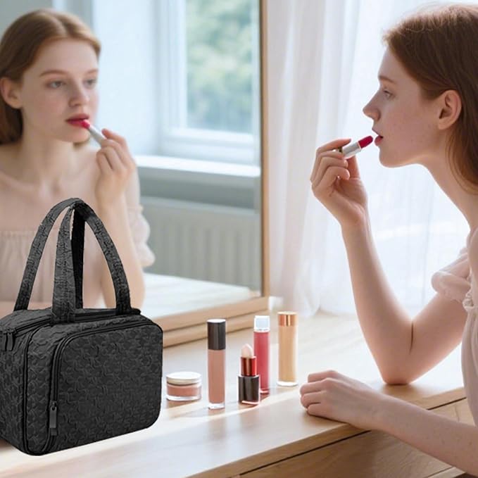 SUNRISING Travel Toiletry Bag, Lightweight Large Wide-open Travel Bag for Women, Puffy Cosmetic Makeup Bag Organizer with Handle for Accessories Essentials Toiletries - Black