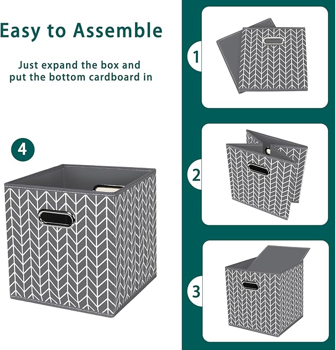 Black Foldable Storage Cubes Bins, Fabric Storage Box Cubes Organizer Baskets with Dual Handles for Home Organizer,Set of 3,(Grey Wave)