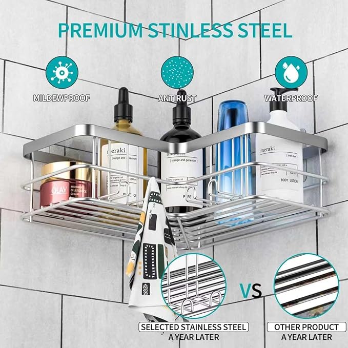 Yazoni Shower Caddy 2-Pack, No Drilling Shower Organizer Corner Shelf for Bathroom Tub, Stainless Steel Shower Caddy Corner Shelf for Bathroom Kitchen(Silver)
