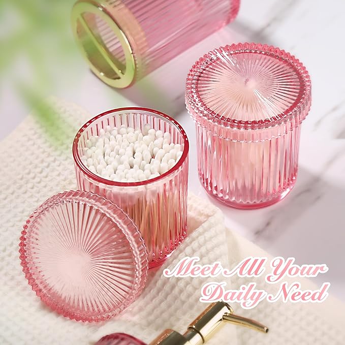 Pink Bathroom Accessories Set, Pink Bathroom Decor Accessory Sets Complete, 4 Pack Ribbed Grils Soap Dispenser and Toothbrush Holder Set with 2 Qtip Holders, Girly Bath Counter Essentials