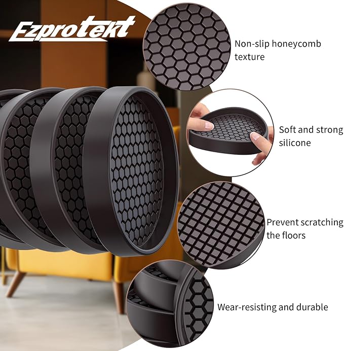 Ezprotekt Non Slip Furniture Pads, 4 Pcs 3" Anti Slip Rubber Caster Cups, Anti Skid Furniture Coasters for Hardwood Floors, No Slide Furniture Gripper, Furniture Stoppers to Prevent Sliding (Brown)