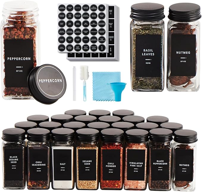 48 Pcs Spice Jars with Label- Glass Spice Jars with Black Metal Caps,Shaker Lids, Funnel, Chalk Pen, Brush,Cleaning Cloth 4oz Seasoning Containers Bottles for Spice Rack, Cabinet, Drawer