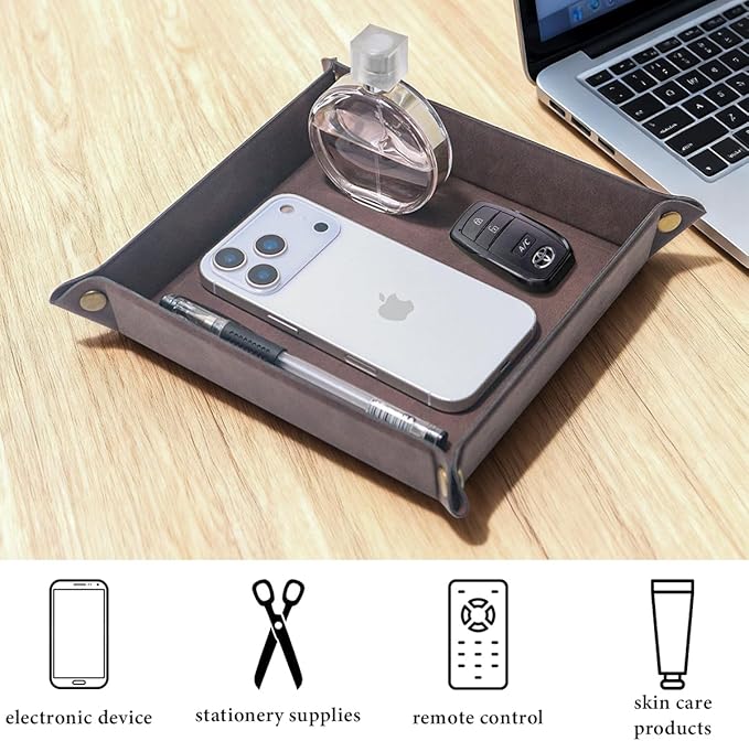 WAYIFON Valet Tray Desktop Storage Organizer – Premium PU Leather Catchall Bedside Vanity Tray Nightstand Caddy Holder for Remote Controller, Keys, Phone, Wallet, Coin, Jewelry,Brown