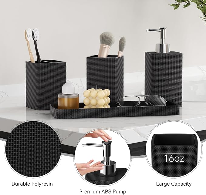 Resin Black Bathroom Sets, Black Bathroom Accessories Set with Shower Curtain, Bath Towel Set, Natural Loofah Sponge, Soap Dispenser, Toothbrush Holder, Bathroom Tumbler and Tray for Countertop