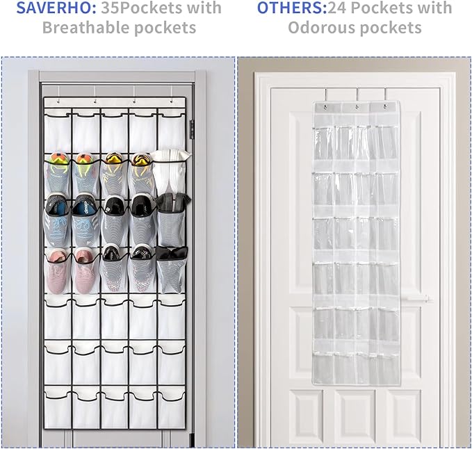 SAVERHO 35 Pockets Over the Door Shoe Organizer, Hanging Shoe Organizer for Door with 35 Mesh Pockets Large Capacity Shoe Hanging Storage Bag with 4 Metal Hooks (White-1Pack)