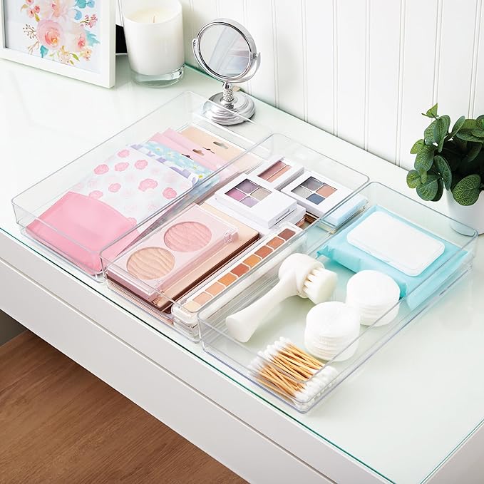 STORi SimpleSort 3-Piece Stackable Clear Drawer Organizer Set | 12" x 6" x 2" Rectangle Trays | Wide Makeup Vanity Storage Bins and Office Desk Drawer Dividers | Made in USA