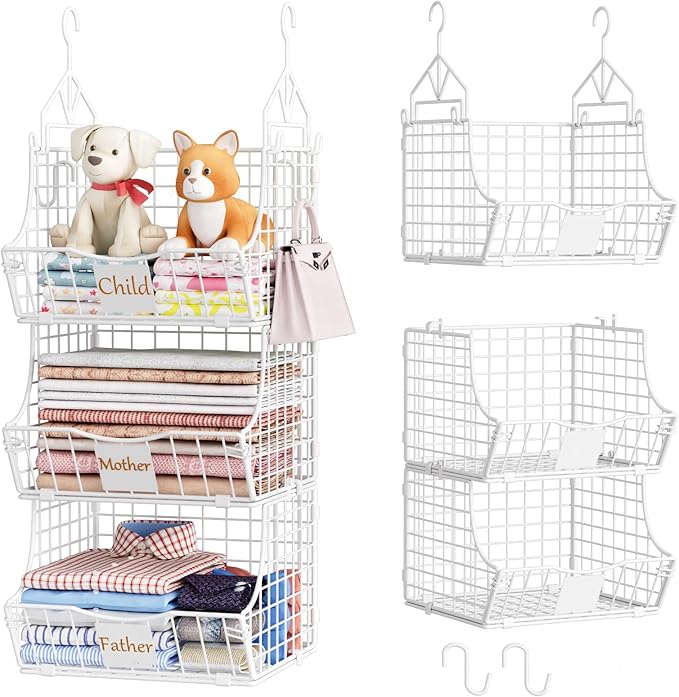 Hanging Closet Organizers and Storage, 6 Tier Closet Shelf Clothes Organizer with 2 S-Hooks, Multi-Functional Iron Wire Baskets, for Clothing, Sweaters, Handbags, Hat, Canned