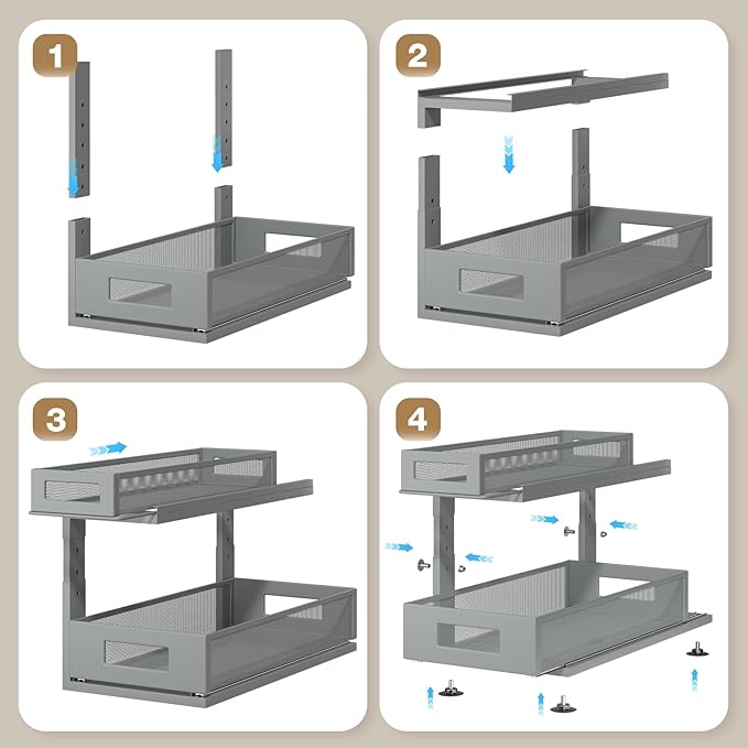 Corbyles 2 Pack 18.5IN-Depth Under Sink Organizer With Next-Gen Ball-Bearing Slides,2-Tier Pull Out Cabinet Storage,Height Adjustable Drawer Shelf for Bathroom,Kitchen,Laundry,Cabinet,Pantry-Gun Gray