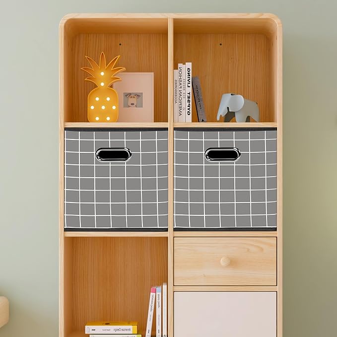 STOREONE Fabric Storage Bins Cubes Baskets Containers-(11X11X11) with Dual Handles for Shelf Closet, Nursery Home ， Bedroom Organizers, Foldable Set of 3 (Grey grid)