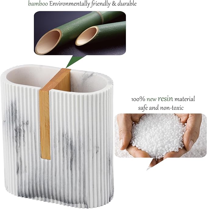 rejomiik Toothbrush Holders Electric Toothbrush Holder for Bathrooms, Bamboo Tooth Brushing and Toothpaste Storage Organizer for Sink, Countertop, Marble White