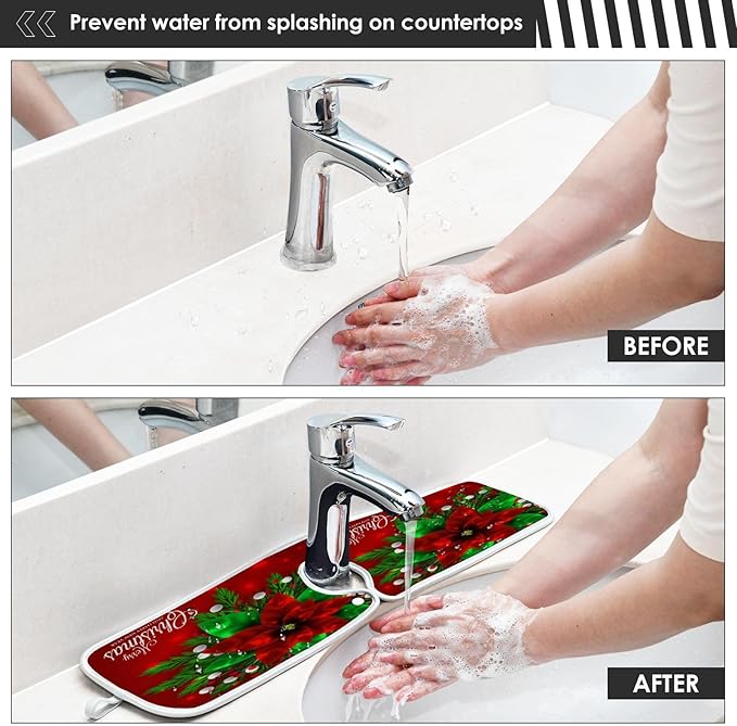2 Pack Sink Splash Guard Merry Christmas Red Poinsettia Kitchen Faucet Absorbent Sink Mat for Faucet Kitchen Guard Drip Catcher Drying Mat for Farmhouse Barthroom Bar,L