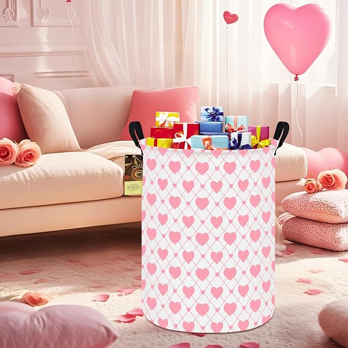 HUNRUNG Laundry Hamper,Large Canvas Fabric Lightweight Storage Basket Toy Organizer Dirty Clothes Collapsible Waterproof for College Dorms（Round-Heart）