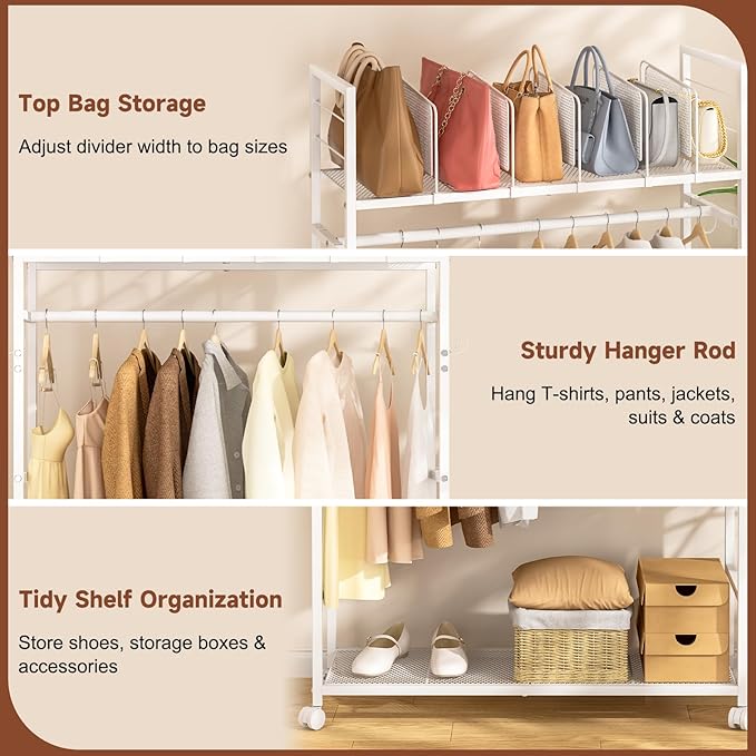 Portable Clothes Rack with Adjustable Shelf Divider, Freestanding Closet Organizers and Storage, Garment Rack and Purse Storage with 8 Hooks, Clothes Organizer on Wheels for Hanging Clothes, White