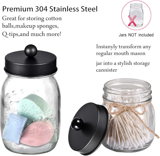 Mason Jar Bathroom Accessories Set(4pcs)- Jars Not Included - Foaming Soap Dispenser,Toothbrush Holder, and Apothecary Storage Jars Lids -Rustic Farmhouse Decor,Black