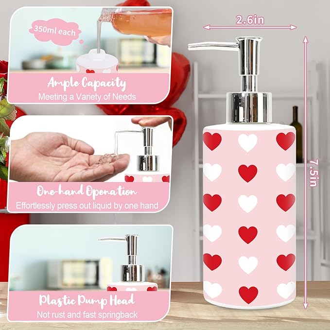 JarThenaAMCS Valentine's Day Soap Dispenser Glass Dispenser with Pump Refillable Pink Red White Heart Liquid Soap Container for Kitchen Bathroom Countertop Decor