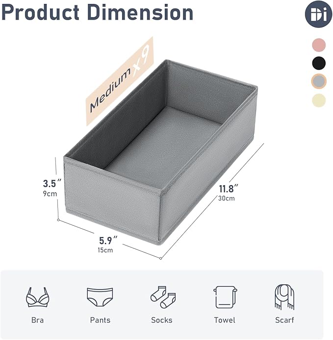 DIMJ Drawer Organizer Clothes - Underwear Organizer Small Sock Organizer Closet Organizers and Storage Box Dresser Drawer Dividers for Baby Clothes,Bra,Socks, Belt, Tie, Set of 9,Grey