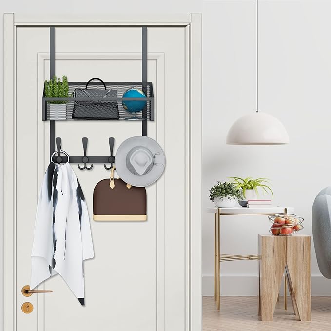 Kaiferty Over The Door Hooks Organizer, Coat Rack Over The Door Storage Hanger Towel Rack, Back of Door Storage Organizer for Bathroom,Bedroom,Kitchen,Office (Black, 2-Tier)