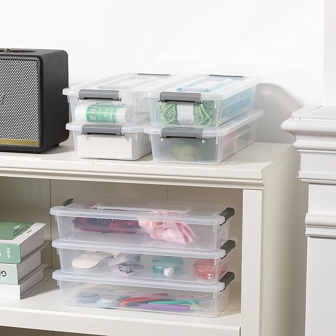 novelinks Clear Stackable Storage Bins with lid Storage Boxes Durable Plastic Organizer Containers for Home Office, Kitchen, Craft Supplies (4 Quart 8 Pack)