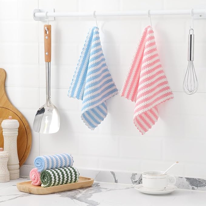 Homaxy 12 Pack Kitchen Dish Cloths, Ultra Soft and Absorbent Dish Towels, Reusable Fast Drying Microfiber Cleaning Cloth, Coral Velvet Wave Design No-lint, 10 x 10 inches, Blue/Pink/Grass Green