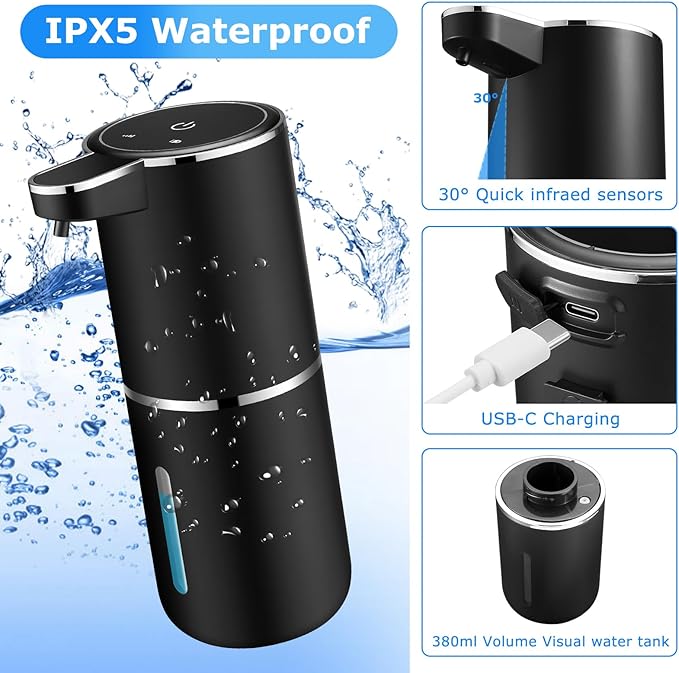 Automatic Soap Dispenser Touchless,Liquid Soap Dispenser with 4 Adjustable Levels,12.8oz USB Rechargeable and Wall Mounted,Smart Hand Soap Dispenser for Bathroom,Kitchen Sink,Dish Soap(Black)