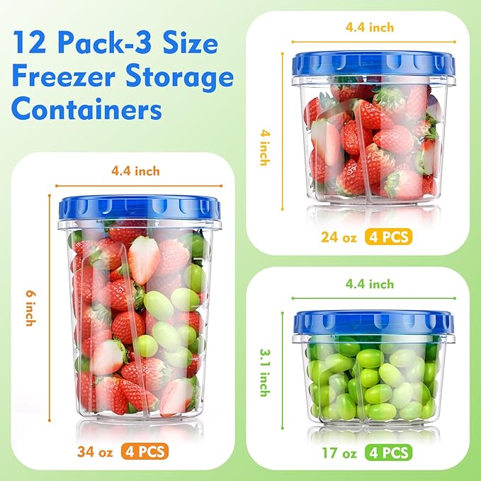 12 Pack- 34/24/17oz Freezer Storage Containers, Plastic Food Storage Containers with Twist Top Lids, BPA Free and Reusable Soup Containers with Lids, Leakproof/Microwave/Dishwasher Safe