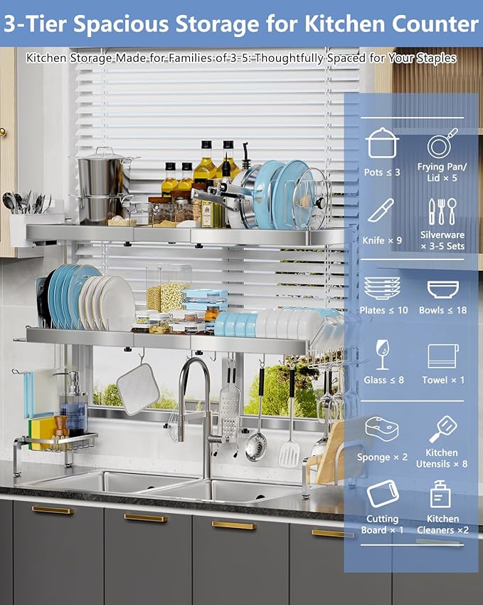 3 Tier Extra Large Over The Sink Dish Drying Rack, Expandable Stainless Steel Dish Drainer with Multifunctional Organizer, Space-Saving Above Sink Dish Rack with Large Capacity for Kitchen Counter