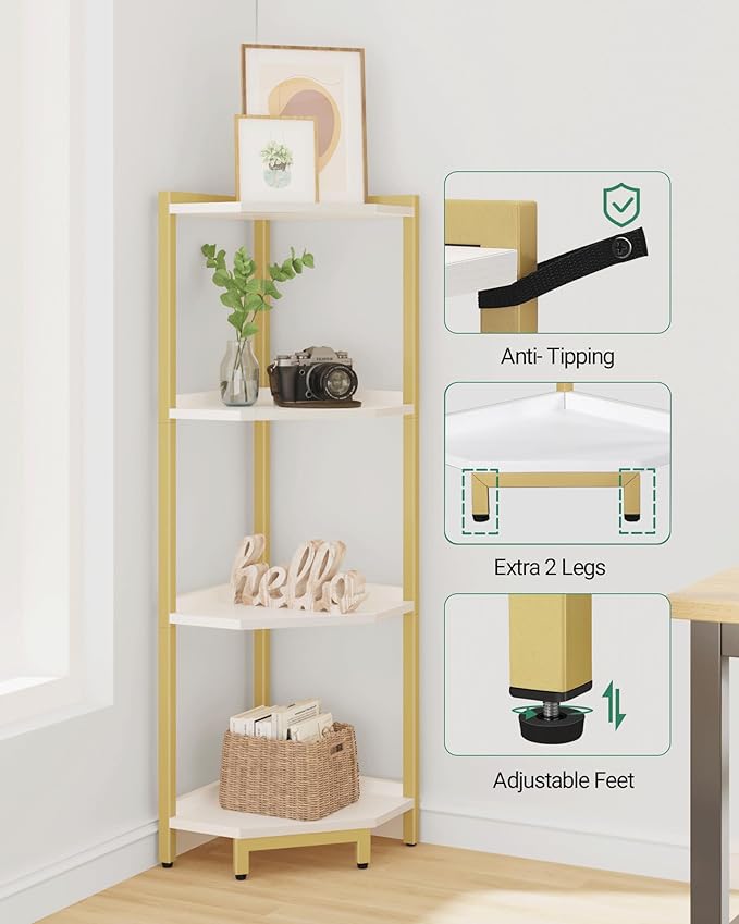 Corner Shelf Stand, Corner Bookshelf, Storage Standing Shelf Unit with Metal Frame, Plant Stand, Bookcase for Living Room, Home Office, Bedroom, 4-Tier White Gold CS05803A