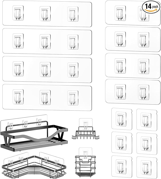 HAOBAOBEI 14 Pack Shower Caddy Replacement, Strong Adhesive Flat Hooks, Clear Waterproof Shower Shelf Strips for No Drilling Bathroom Storage Shelves, Soap Holder, and Kitchen Racks