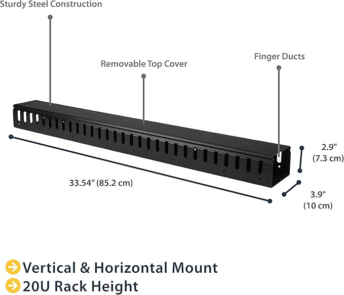 StarTech.com 3ft (1m) Vertical Cable Management Duct with Cover - 0U Open Slot Finger Duct Wire Raceway for 19 Inch Server Rack - Slotted Cord Channel (CMVER20UF)