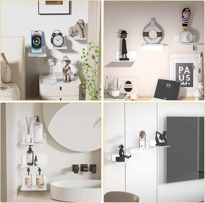 Wisfame Small White Floating Shelves Set of 3, Metal Hanging Shelves for Bathroom, Living Room, Bedroom, 5 Inch Wall Display Shelves for Knickknacks, Display Ledges - Adhesive Installation