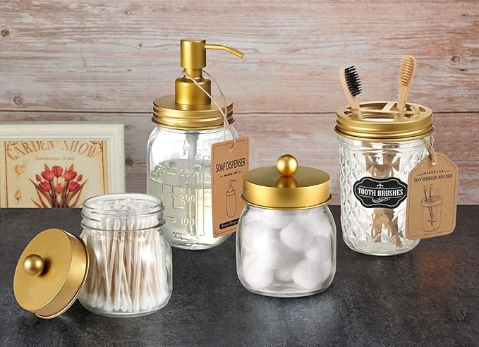 Amolliar Mason Jar Liquid Soap Dispenser -Rustproof Stainless Steel Farmhouse Decor for Bathroom Vanities,Kitchen Sink/ Liquid Soap Pumps for Hand Soap,Dish Soap,Lotions/Golden -2 Pack