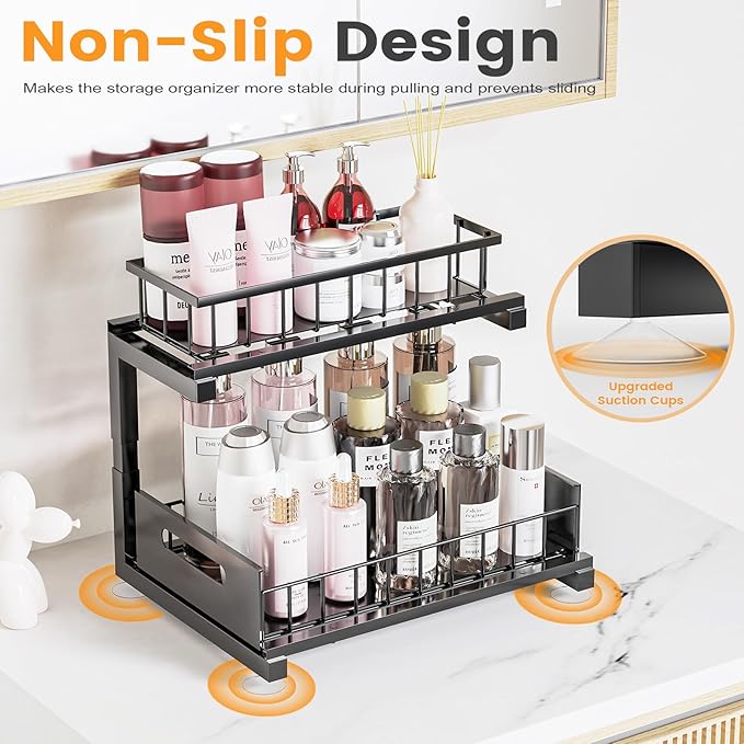 Under Sink Organizer, Heavy Duty Metal Pull Out Cabinet Organizer Slide Out Sink Shelf Organizer Height Adjustable, Multi-Purpose Storage Shelf for Kitchen Bathroom(Black,1Pack)