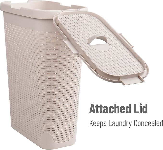 Mind Reader Slim Laundry Hamper with Lid, 40L Clothes Basket, Premium Wicker Design, Plastic, Set of 2, Ivory