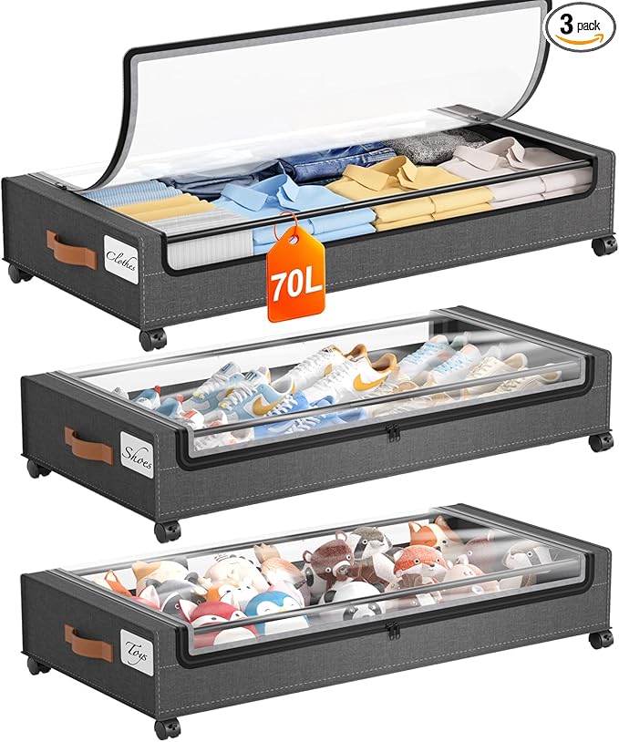 Yecaye 70L Under Bed Storage with Wheels, 3 Pack Larger Capacity Under Bed Storage Containers, Underbed Shoe Storage Organizer, Rolling Under Bed Metal Drawers for Clothes, Blankets, Hemp Grey