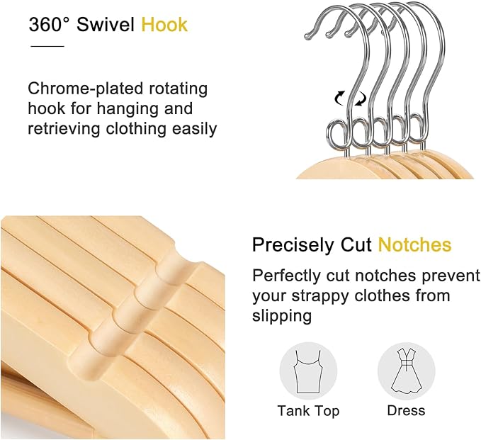 TOPIA HANGER Wooden Hangers 30 Pack, Space Saving Coat Hanger with 360° Swivel Cascading Loop Hook, Non Slip Pants Bar and Shoulder Notches for Camisole, Jacket, Suit, Clothes Hangers -CT74N30