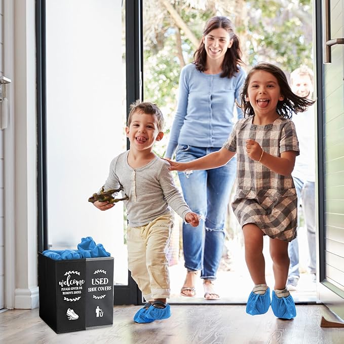 Shoe Cover Box Dispenser Foldable Storage Bin Holder with Used Shoe Covers and Welcome Please or Remove Sign for Open House Supplies (Black, Gray)