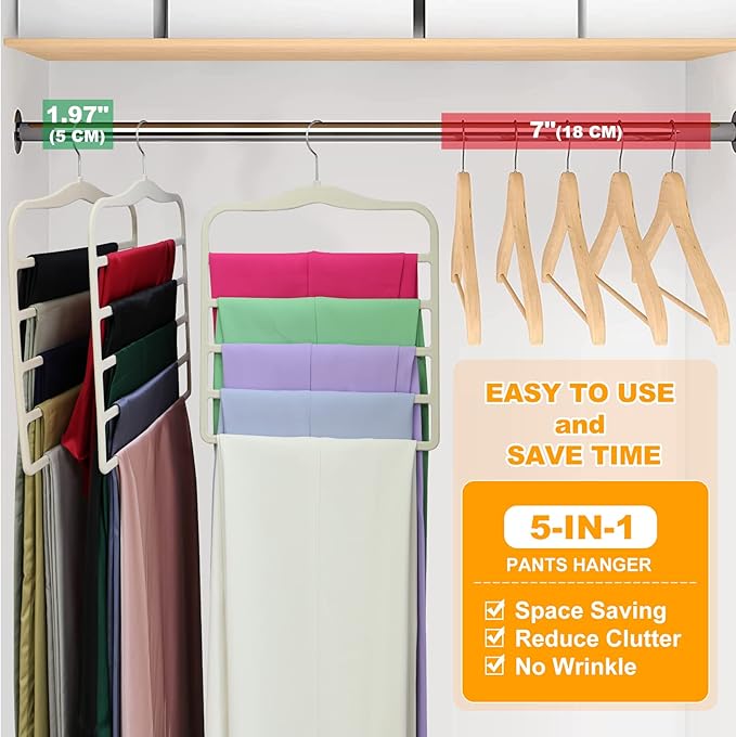 Closet Organizers and Storage,5 Pack Velvet Pants-Hangers-Space-Saving,Non Silp 5 Tier Organization-and-Storage Clothes-Hanger for College-Dorm-Room-Essentials,Closet-Organizer for Jeans Scarf Hanger