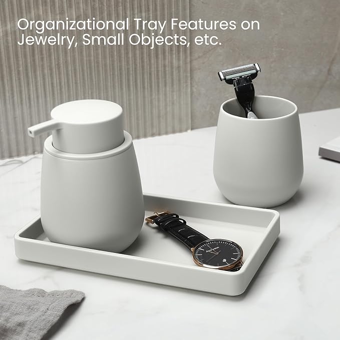 Bathroom Accessories Set, Modern 3 Pcs Bathroom Essentials - Soap Dispenser, Toothbrush Holder & Tray, Countertop Vanity Organizer (Beige)