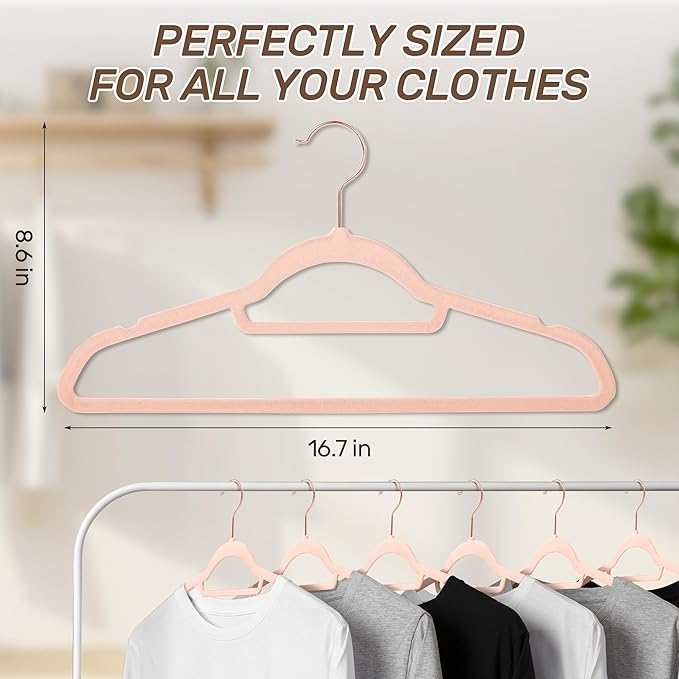 Velvet Hangers 30 Pack with Rose Gold Hooks, Non-Slip, Space Saving & Heavy Duty Slim Flocked Hangers for Clothes, Dresses, Suits, Coats & Pants(Pink)