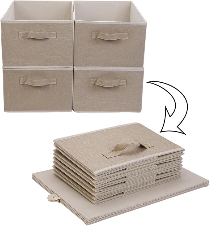 BOMKEE Collapsible Sorage Bins, Storage Cubes Baskets Collapsible Fabric Storage Boxes with Handles for Home and Office (Set of 4, Beige, 15.4 x 11.4 x 7.91inch)