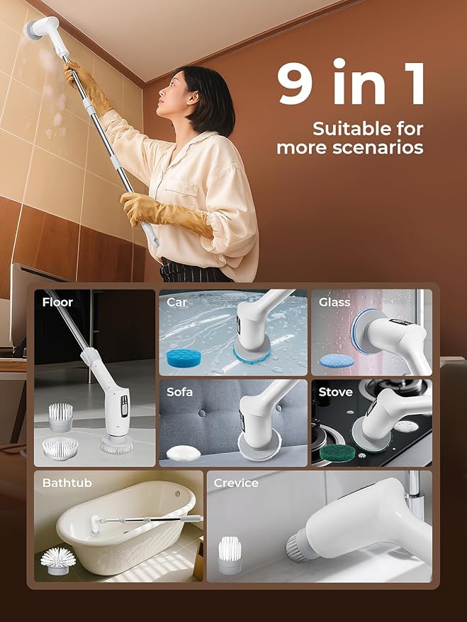 Cleangor Electric Spin Scrubber, Cordless Cleaning Brush Shower Scrubber with 9 Replaceable Brush Heads 3 Speeds Extension Handle for Bathroom, Shower, Bathtub, Floor, Tile, Kitchen, Pool (1, White)